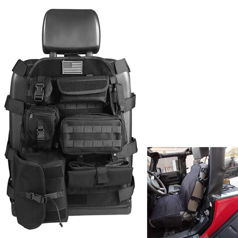 SUNPIE Black Upgrade Larger Seat Protector Tactical Seat Cover Universal Fit for Trucks Pickup SUV, Compatible with JL/JT, JK, TJ, Compatible with F150 Multi Pockets Molle Seat Back Organizer - Image 1